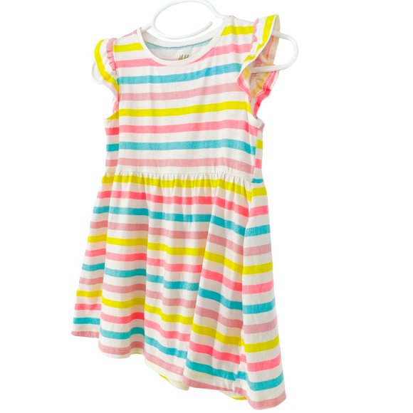 H&M KIDS Organic Cotton Multi-Stripe Flutter Sleeve Dress Size 1 1/2 -2Y - Picture 6 of 16